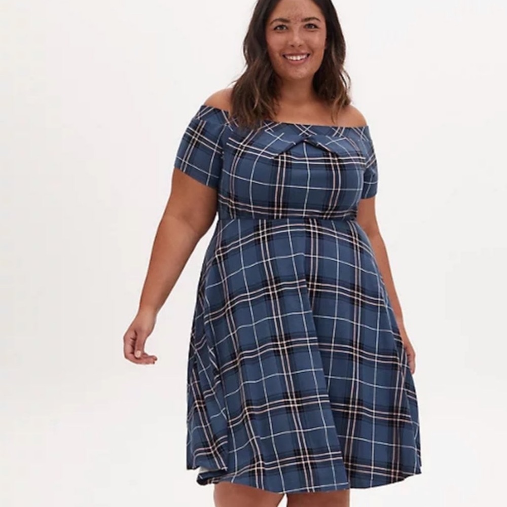 Torrid Plaid Ponte Off Shoulder Dress